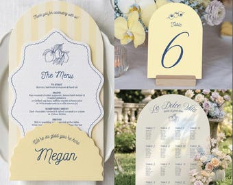 Amalfi Coast Wedding Reception Suite | Lemon Menu, Table Numbers, Seating Chart (Canva Template)