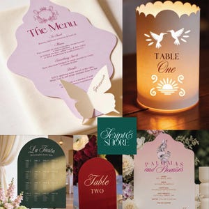 May include: A collection of event stationery including a lavender die-cut menu with a butterfly place card, a cylindrical table number lantern, a dark green arched seating chart, a red arched table sign, and a pink menu with dark text.