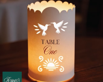 Papel Picado Lantern Table Number | Hummingbird Wedding Luminary | Casa de Flores Editable Template