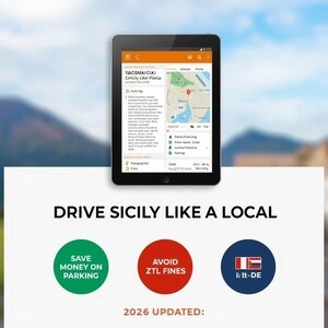 Può includere: Un tablet nero che mostra una mappa e del testo, con il titolo "DRIVE SICILY LIKE A LOCAL". Sotto ci sono tre icone circolari con testo: "SAVE MONEY ON PARKING", "AVOID ZTL FINES" e un'icona a bandiera. Il testo "2026 UPDATED:" è in basso.