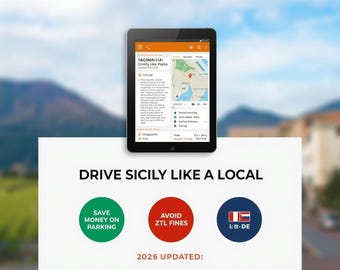 Reseguide för Sicilien 2025 2026 | Resplan för bilresor till Sicilien | Tips för bilkörning på Sicilien | Catania, Taormina, Etna, Syrakusa | Digital nedladdning i PDF-format