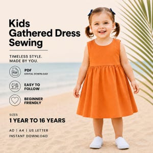 PDF-Schnittmuster für ein gerafftes Kinderkleid | Mädchenkleid-Schnittmuster, Größen 9 Monate bis 16 Jahre | Anfänger-Schnittmuster mit Anleitung, A4, A0, US Letter
