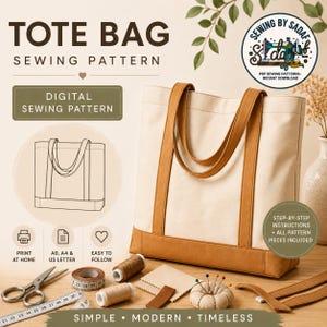 May include: A digital sewing pattern for a tote bag with text reading TOTE BAG SEWING PATTERN, DIGITAL SEWING PATTERN, PRINT AT HOME, A0, A4 & US LETTER, EASY TO FOLLOW, and STEP-BY-STEP INSTRUCTIONS + ALL PATTERN PIECES INCLUDED.