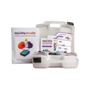 May include: A white plastic carrying case containing a Squishy Circuits kit. The kit includes a guide, quick start guide, and various electronic components. The guides feature the text "squishy circuits" and illustrations of colorful characters and circuits.