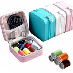 May include: A pink sewing kit with a variety of sewing supplies, including needles, safety pins, scissors, and spools of thread in various colors. Several zippered cases in teal, white, and pink are also visible, along with a small group of thread spools.