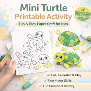 Puede incluir: Una hoja de actividades imprimible para niños con un tema de mini tortuga. La hoja incluye contornos para cortar y ensamblar tortugas de papel, además de un modelo de tortuga terminado. La imagen también muestra tijeras, rotuladores y el texto "Cut, Assemble & Play".
