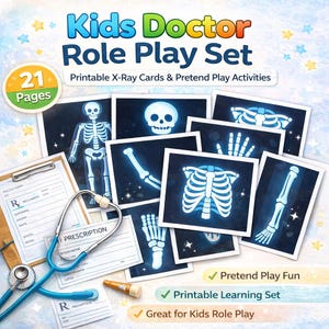 Puede incluir: Un juego de rol de médico para niños con tarjetas de rayos X imprimibles y actividades de juego de simulación. El conjunto incluye un portapapeles, recetas, un estetoscopio e imágenes de rayos X de huesos y un cráneo. Ideal para jugar y aprender.