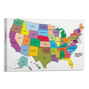 Puede incluir: Un mapa colorido de los Estados Unidos, con cada estado delineado y etiquetado. El mapa está sobre un lienzo blanco, con estados en varios colores como verde, azul y naranja. Se incluyen Alaska y Hawái.