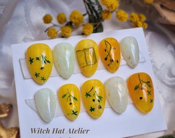 Sunlit Grimoire Floral Press-On Nails / anime aesthetic nails / yellow flower nails / cottagecore nails / magical handmade nails