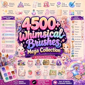 以下が含まれることがあります： 4500以上の気まぐれなブラシのデジタルダウンロード。画像は、ファンタジー、フローラル、カワイイなどのカテゴリを表示し、動物、妖精、魔法の要素のかわいいイラストが特徴です。Procreateに対応しており、インストールも簡単です。