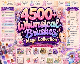 Pacchetto di oltre 4500 pennelli stravaganti per Procreate, timbri di animali kawaii, elementi fantasy (download digitale)