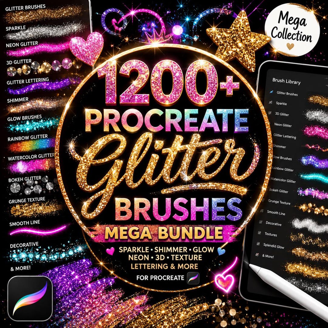 1200+ Procreate Glitter Brushes Bundle, Sparkle Neon Shimmer Glow ...