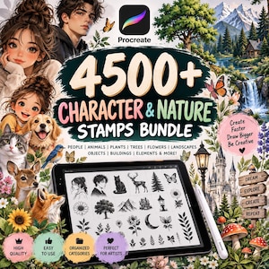 May include: A digital stamp bundle for Procreate featuring 4500+ character and nature designs. The image displays a tablet screen showing black and white illustrations of people, animals, trees, and flowers, surrounded by colorful nature graphics.