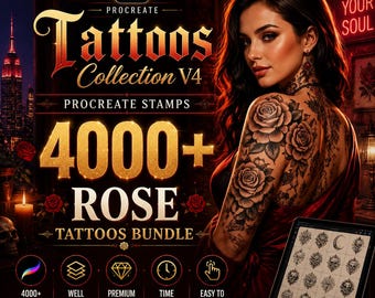 4000+ Procreate Rose Tattoo Stamps Bundle, Floral Botanical Line Art Brushes