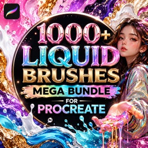 Könnte beinhalten: Werbung für ein digitales Kunstpaket mit einer Frau und dem Text "1000+ LIQUID BRUSHES MEGA BUNDLE FOR PROCREATE." Das Bild hat ein farbenfrohes, flüssigkeitsartiges Design mit rosa, blauen, goldenen und violetten Farbtönen. Das Procreate-Logo befindet sich oben links.