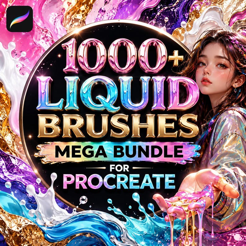 Pu&ograve; includere: Annuncio di un pacchetto di arte digitale con una donna e il testo "1000+ LIQUID BRUSHES MEGA BUNDLE FOR PROCREATE." L'immagine ha un design colorato e liquido con sfumature rosa, blu, oro e viola. Il logo Procreate &egrave; in alto a sinistra.