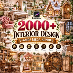 May include: A digital product bundle for Procreate featuring 2000+ interior design stamps. The graphic displays various room scenes including bedrooms, kitchens, and dollhouses, with icons for furniture, bedrooms, kitchens, doors, windows, rooms, and textures.