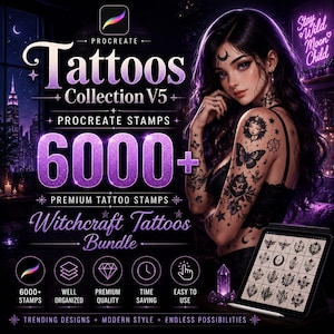May include: Digital art bundle for Procreate featuring over 6000 premium tattoo stamps. The image showcases a woman with tattoo designs, a tablet displaying tattoo designs, and the text "Tattoos Collection V5" and "Witchcraft Tattoos Bundle".