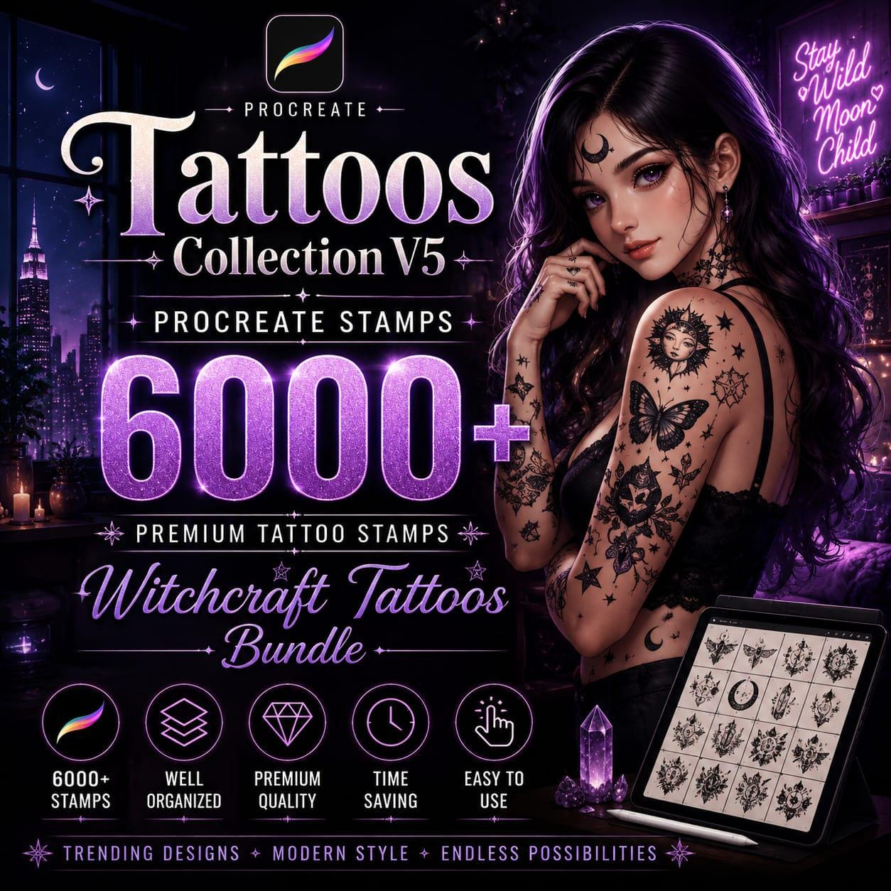 6000+ Procreate Witchcraft Tattoo Stamps Bundle, Gothic Skull Moon ...