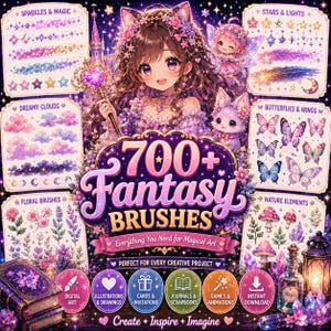 May include: A digital art graphic with the text "700+ Fantasy Brushes" and illustrations of fairies, butterflies, and floral elements. The image includes various design elements like stars, clouds, and nature elements, perfect for creative projects.
