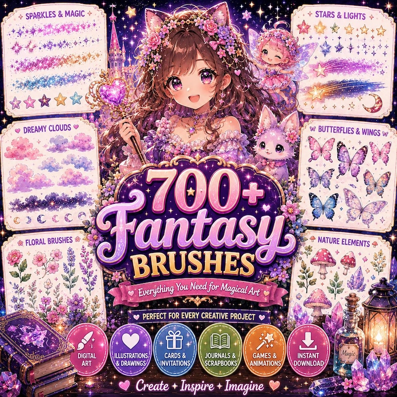 May include: A digital art graphic with the text "700+ Fantasy Brushes" and illustrations of fairies, butterflies, and floral elements. The image includes various design elements like stars, clouds, and nature elements, perfect for creative projects.