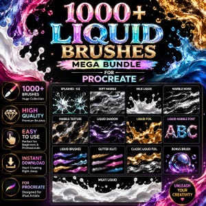 Pu&ograve; includere: Un pacchetto di arte digitale per Procreate con oltre 1000 pennelli liquidi. L'immagine mostra vari stili di pennelli, tra cui marmo, glitter ed effetti liquidi. Il testo include "Unleash Your Creativity".