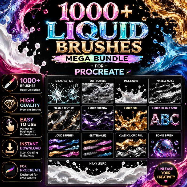 Pu&ograve; includere: Un pacchetto di arte digitale per Procreate con oltre 1000 pennelli liquidi. L'immagine mostra vari stili di pennelli, tra cui marmo, glitter ed effetti liquidi. Il testo include "Unleash Your Creativity".