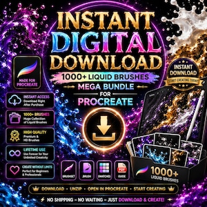 Pu&ograve; includere: Grafica per il download digitale per Procreate con oltre 1000 pennelli liquidi. Il design include il testo "Download Digitale Istantaneo" e "Mega Bundle". L'immagine evidenzia anche l'accesso immediato, pennelli di alta qualit&agrave; e uso a vita.