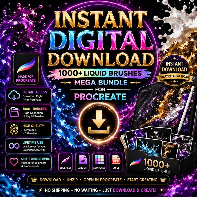 Pu&ograve; includere: Grafica per il download digitale per Procreate con oltre 1000 pennelli liquidi. Il design include il testo "Download Digitale Istantaneo" e "Mega Bundle". L'immagine evidenzia anche l'accesso immediato, pennelli di alta qualit&agrave; e uso a vita.
