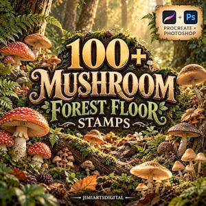 May include: A digital collection of 100+ Mushroom Forest Floor Stamps for Procreate and Photoshop, featuring a forest scene with various red and brown mushrooms, mossy logs, and ferns, with the text 100+ MUSHROOM FOREST FLOOR STAMPS.