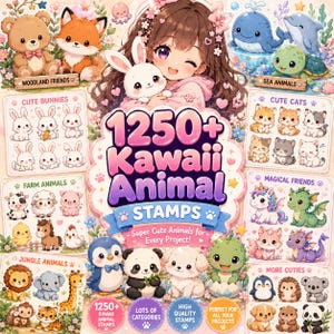 May include: A digital art image featuring a collection of kawaii animal stamps. The image includes a girl holding a bunny, along with various animal illustrations such as bears, foxes, bunnies, cats, and more. Text reads "1250+ Kawaii Animal Stamps".