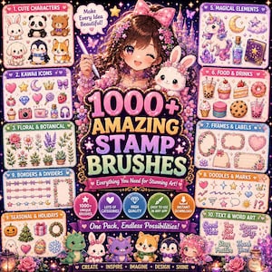 May include: Digital art stamp brushes with over 1000 designs. The image features cute characters, kawaii icons, floral elements, borders, seasonal designs, and text art. The text says "1000+ Amazing Stamp Brushes".