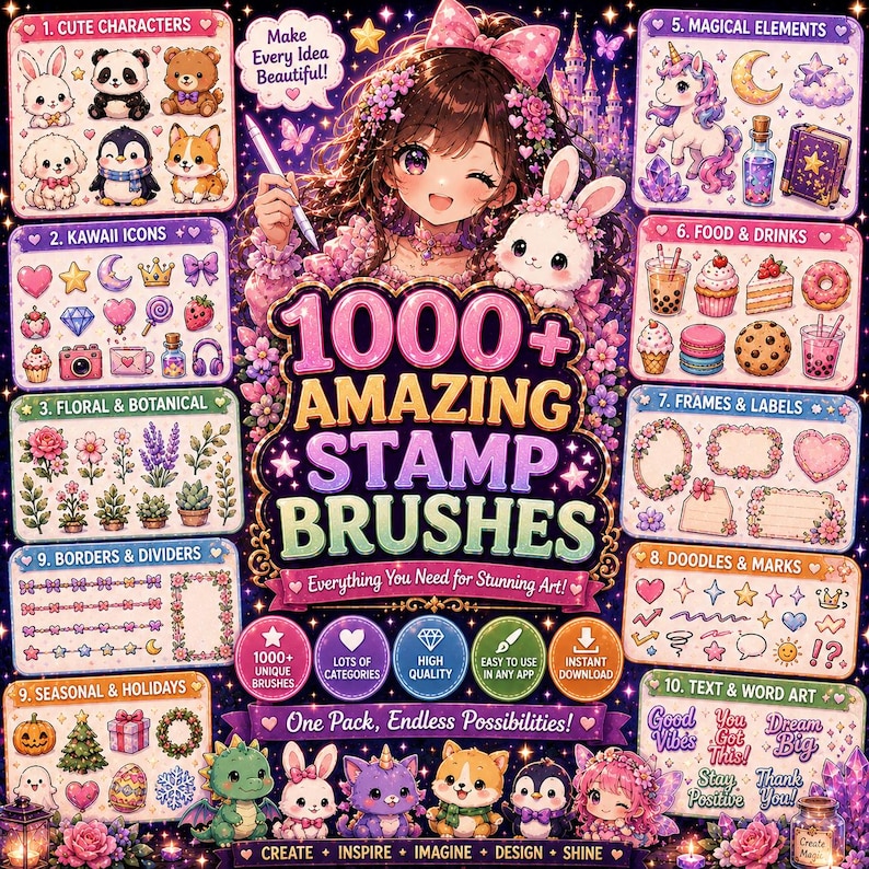 May include: Digital art stamp brushes with over 1000 designs. The image features cute characters, kawaii icons, floral elements, borders, seasonal designs, and text art. The text says "1000+ Amazing Stamp Brushes".