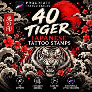 Peut inclure: Un graphique numérique pour 40 Tiger Japanese Tattoo Stamps pour Procreate. L'image montre un visage de tigre grognant, un soleil rouge, des fleurs de cerisier et des vagues stylisées. Le texte inclut Procreate Tattoo Stamps, 40 Tiger Japanese Tattoo Stamps et 虎の印.