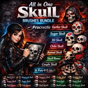 Könnte beinhalten: Digitales Kunstpaket mit verschiedenen Schädeldesigns, darunter Gothic-, Sugar- und 3D-Schädel. Das Bild zeigt eine Person, die ein Tablet mit einer Schädelillustration hält, mit dem Text "All in One Skull Brushes Bundle" und "Procreate".