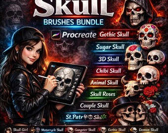 Procreate Skull Brushes Bundle | Gothic, Sugar, 3D, Chibi Tattoo Stamps