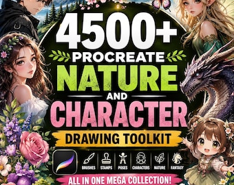 4500+ Procreate Nature and Character Drawing Toolkit | Anime, Fantasy, Floral, Trees, Poses & Character Stamps