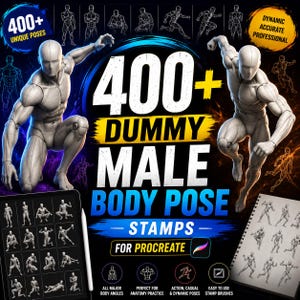 Puede incluir: Producto de arte digital con una figura masculina 3D en varias poses. La imagen incluye el texto "400+ UNIQUE POSES" y "400+ DUMMY MALE BODY POSE STAMPS FOR PROCREATE". Ideal para la práctica de anatomía y poses dinámicas.