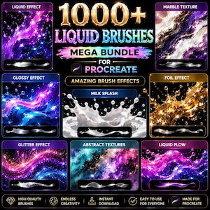Pu&ograve; includere: Un'immagine che promuove un pacchetto di pennelli digitali per Procreate, con il testo "1000+ Liquid Brushes Mega Bundle." Mostra esempi di effetti pennello come texture liquide, marmoree e glitterate. &Egrave; presente anche il testo "Amazing Brush Effects."