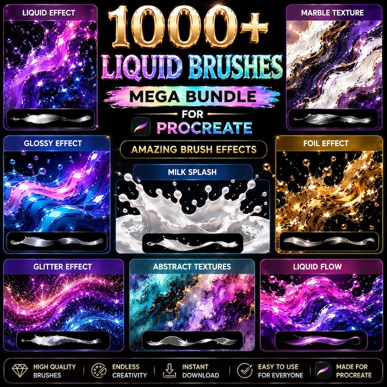 Pu&ograve; includere: Un'immagine che promuove un pacchetto di pennelli digitali per Procreate, con il testo "1000+ Liquid Brushes Mega Bundle." Mostra esempi di effetti pennello come texture liquide, marmoree e glitterate. &Egrave; presente anche il testo "Amazing Brush Effects."