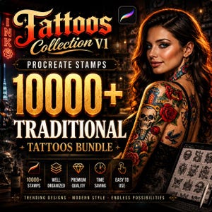 10000+ Procreate Traditionelle Tattoo Pinsel Bundle | Totenkopf, Blumen, Gothic, Japanische Flash Stamps (Digitaler Download)