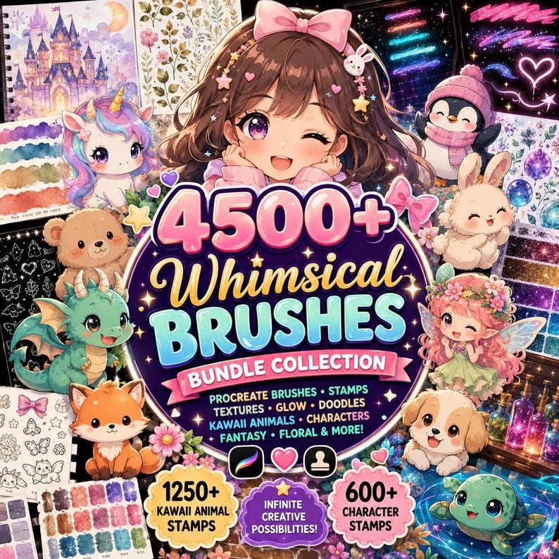 May include: A digital art bundle featuring a central illustration of an anime-style girl surrounded by cute characters like a unicorn, penguin, and fox. The text reads "4500+ Whimsical Brushes Bundle Collection" with additional details about the contents.