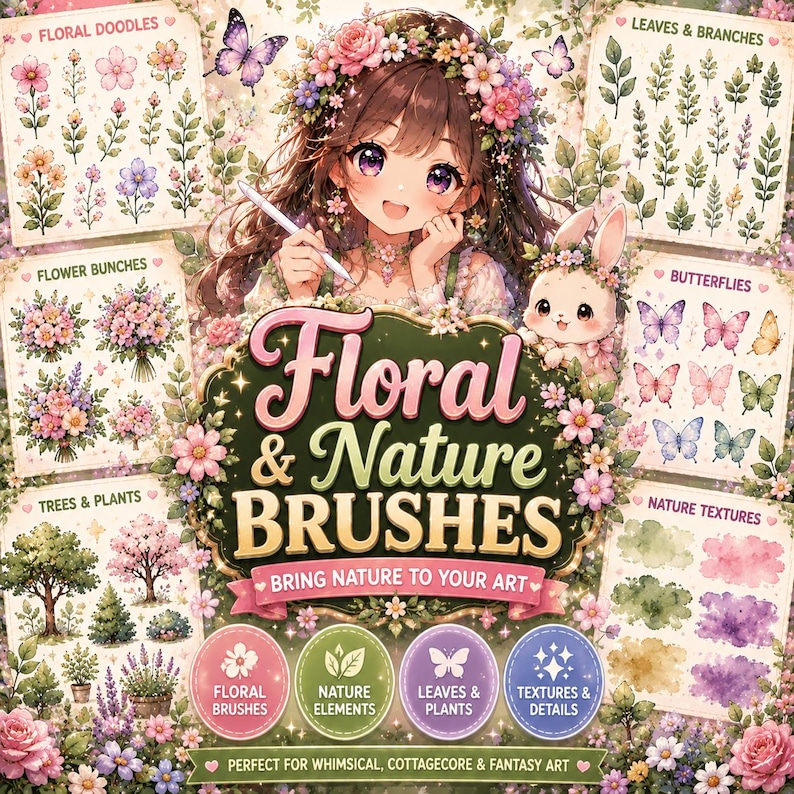 May include: Digital art set titled "Floral & Nature Brushes" featuring floral doodles, flower bunches, trees, plants, leaves, branches, butterflies, and nature textures. The image includes a girl with flowers in her hair and a bunny. The text says "Bring Nature to Your Art."