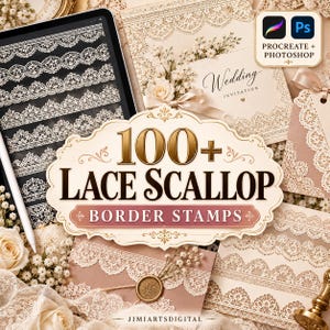 May include: A digital collection of 100+ lace scallop border stamps for Procreate and Photoshop. The display features various white lace patterns on black and beige backgrounds, including wedding invitation mockups and a wax seal.