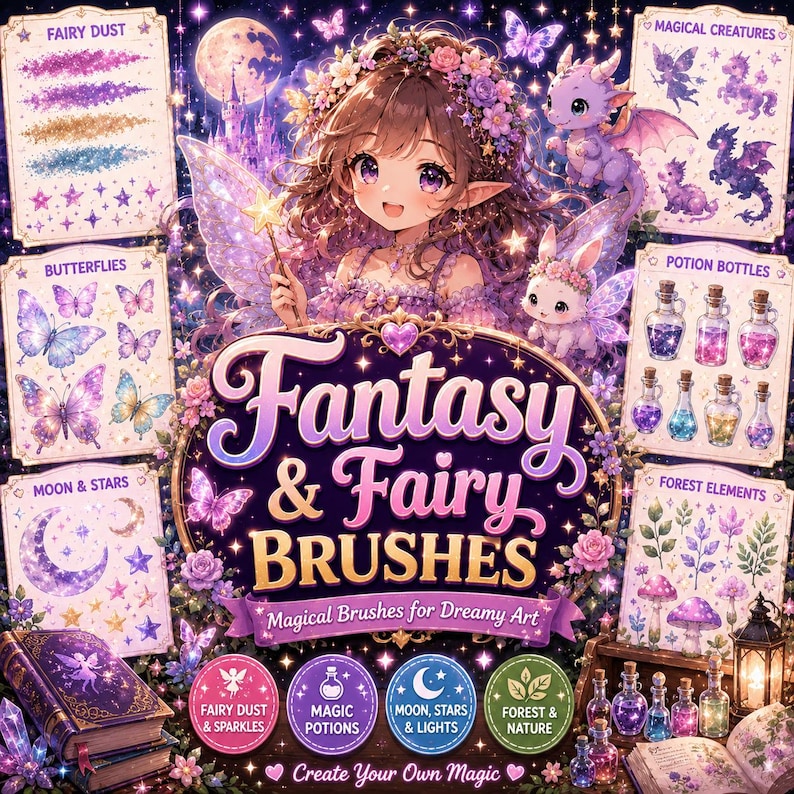 May include: A digital art graphic with a fantasy theme. The image features a fairy with a wand, surrounded by butterflies, potion bottles, and magical creatures. Text includes "Fantasy & Fairy Brushes" and "Magical Brushes for Dreamy Art."