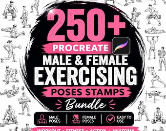 Procreate Exercising Poses Stamps Bundle, Male Female Workout Anatomy References (Digital Download)