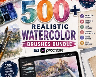 500+ Realistic Watercolor Brushes Bundle for Procreate | Watercolor Stamps, Paper Texture, Splashes, Swatches Kit