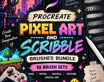 Procreate Pixel Art & Scribble Brushes Bundle | Pixel, Retro, 8 Bit, Doodle and Digital Texture Brushes
