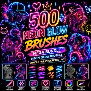 May include: A digital art graphic with the text "500+ Neon Glow Brushes Mega Bundle" in neon colors. The image features illustrations of people with neon accents, along with icons for brushes, effects, and color palettes. The words "Bundle for Procreate" are also visible.
