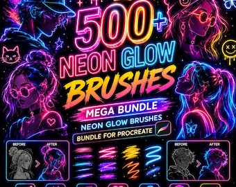 Oltre 500 pennelli Cyberpunk Neon Glow per Procreate, pacchetto Glitch Vaporwave (download digitale)